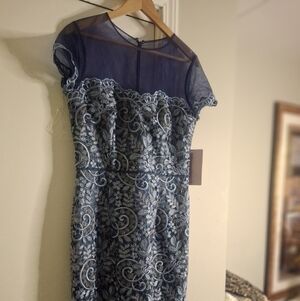 JS Collections Illusion Yoke Scroll Embroidery Gown, Dress Blue Size 10